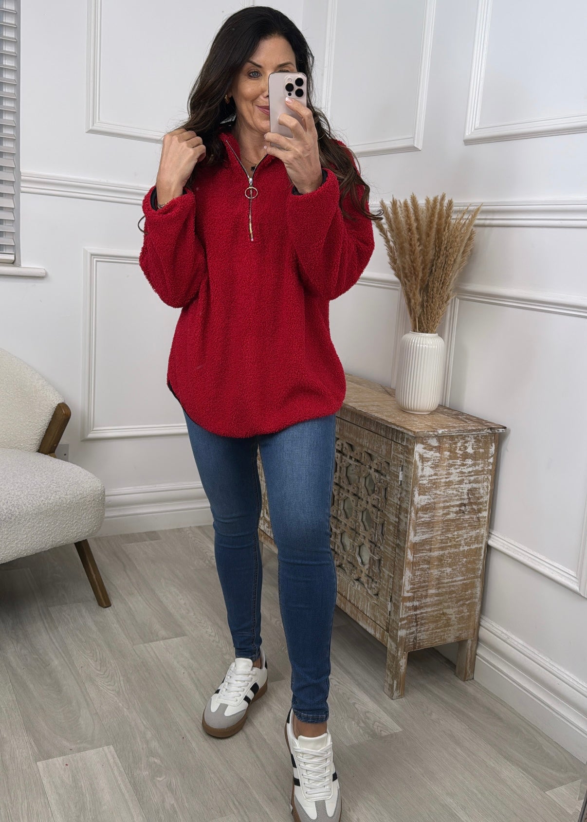 Ruth Red Teddy Half Zip Pullover