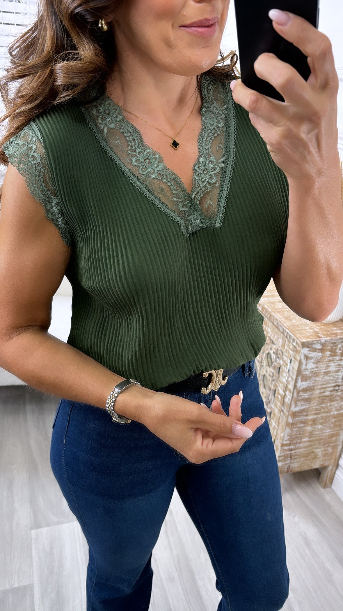 Dee Khaki Lace Trim Top