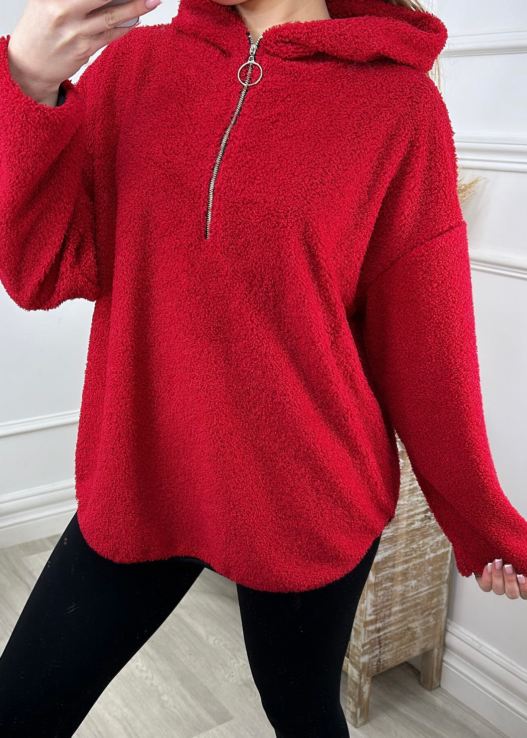 Ruth Red Teddy Half Zip Pullover