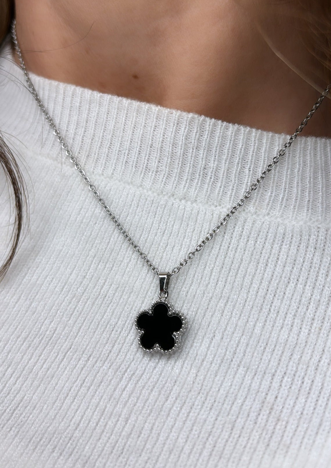 Cornelia Black Petal Flower Silver Necklace