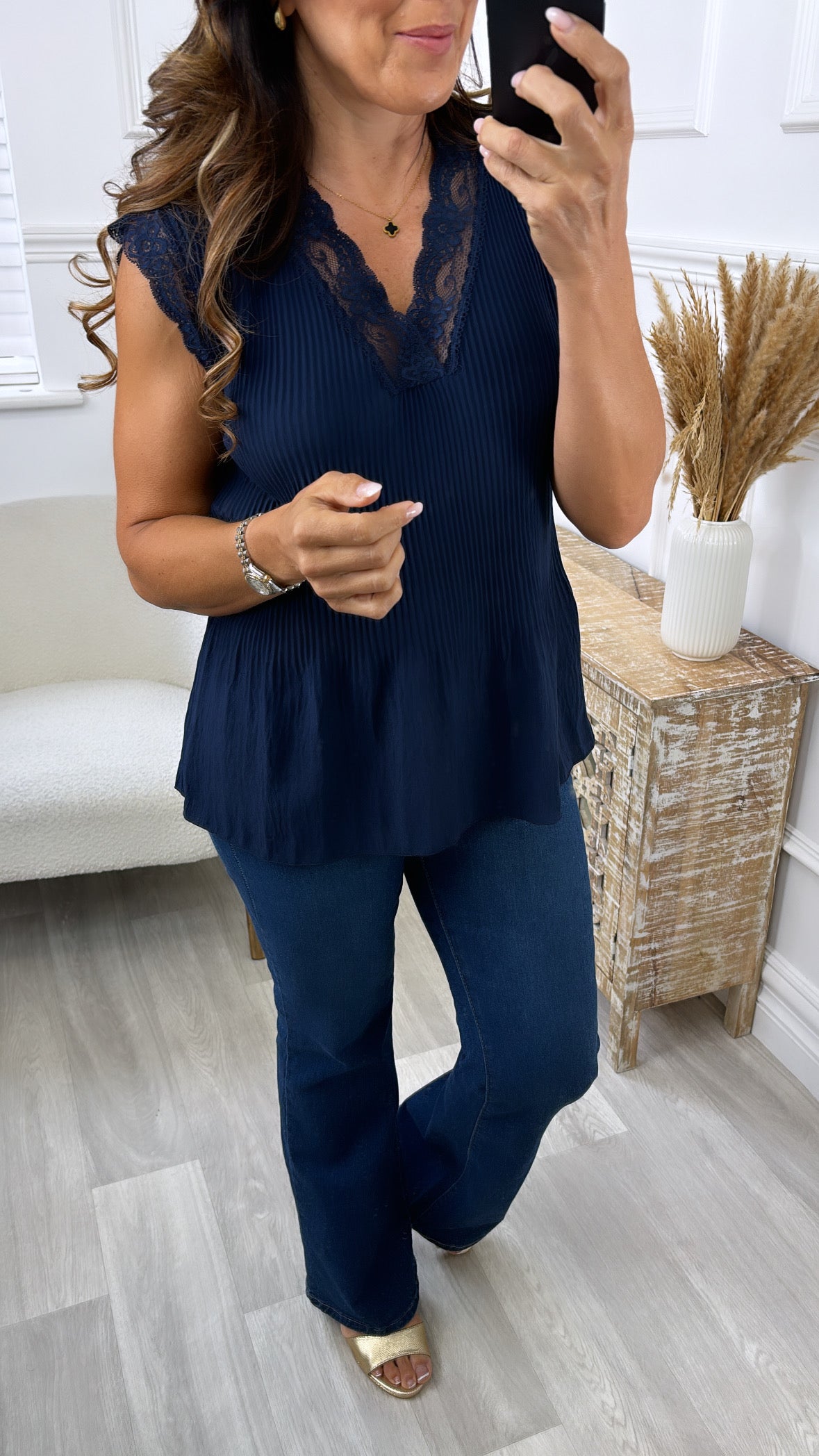 Dee Navy Lace Trim Top