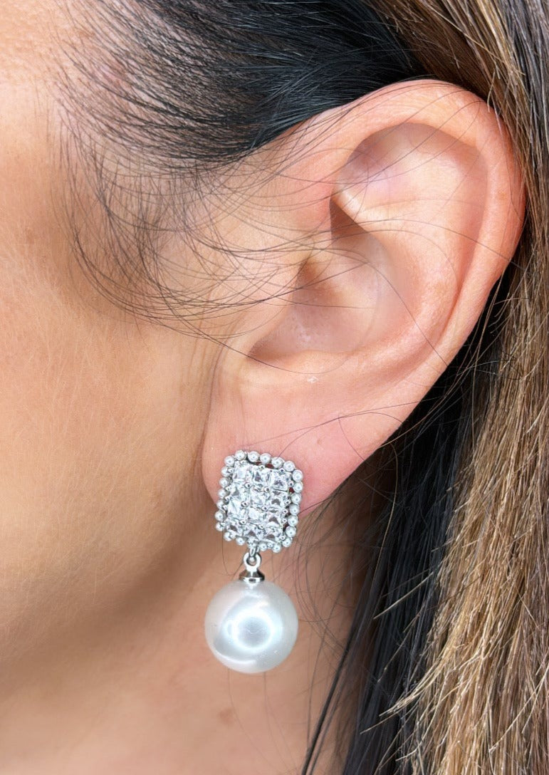 Paris Silver Rhinestone Pearl Dangle Earrings
