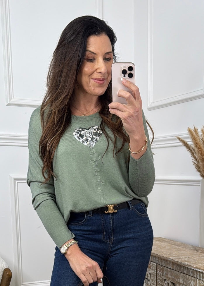 Verity Khaki Sequin Heart Top