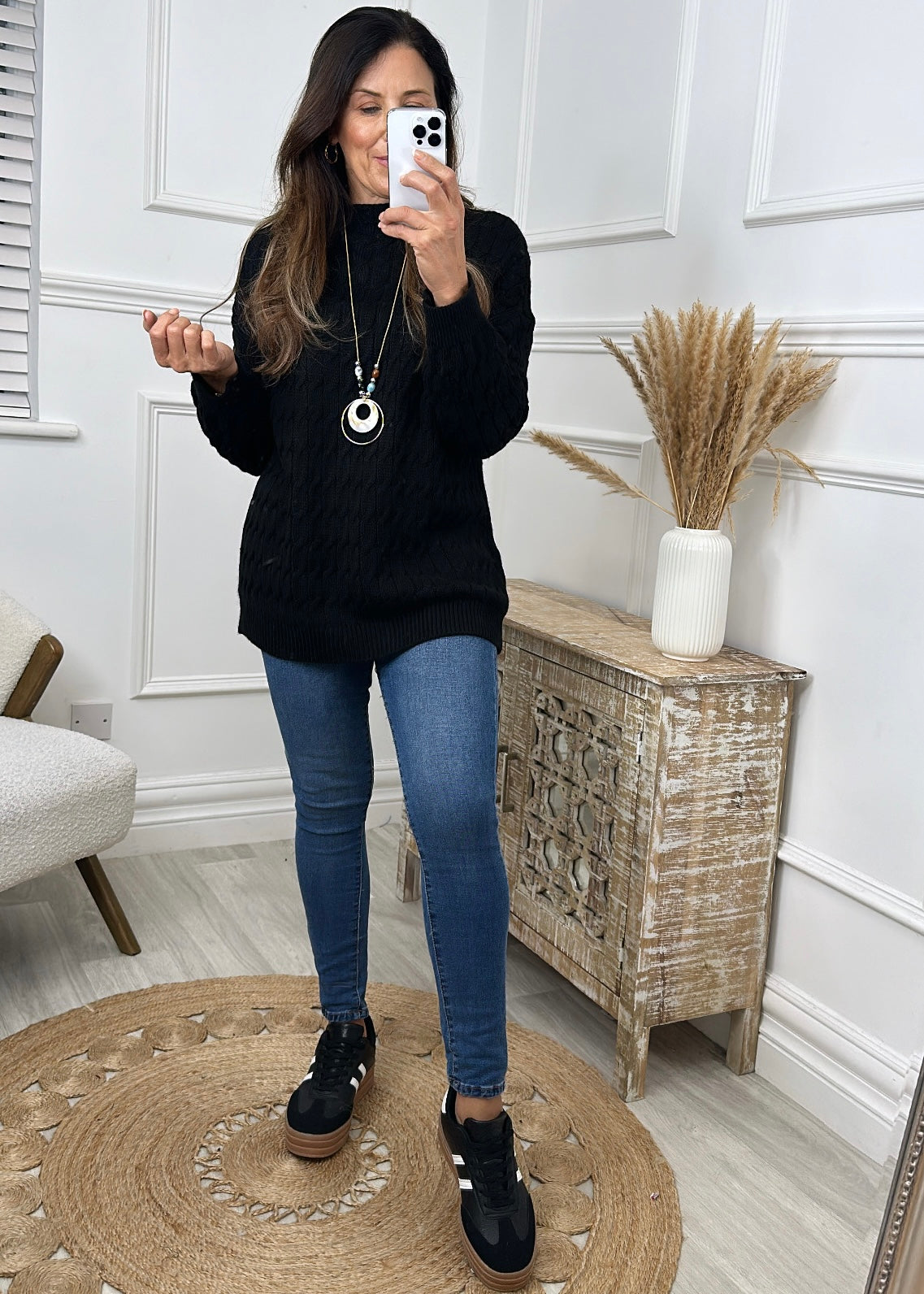 Lisbeth Black Cable Knit Necklace Jumper