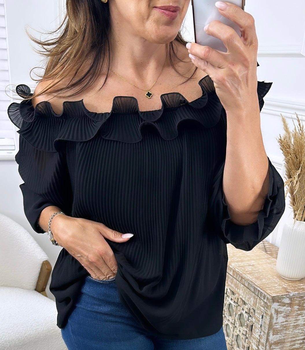 Indy Black Ruffle Neck Blouse