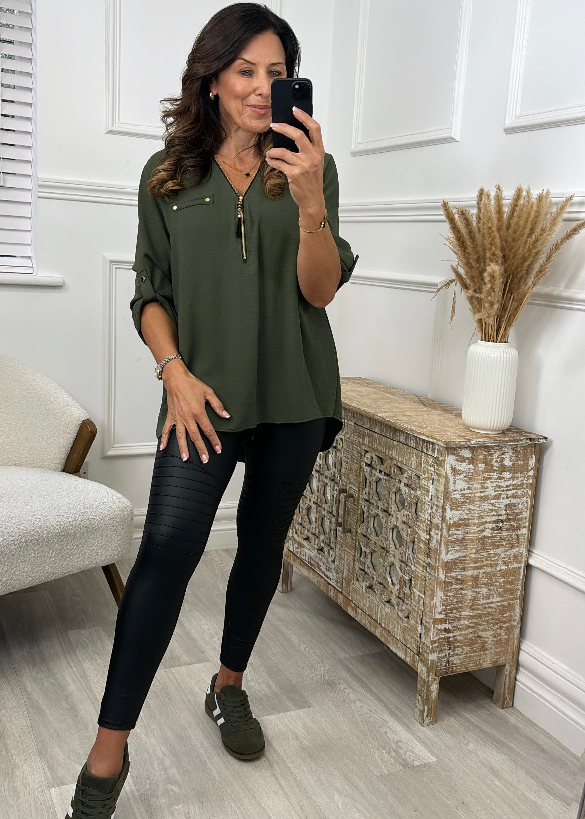 Jocasta Khaki Zip Detail Top