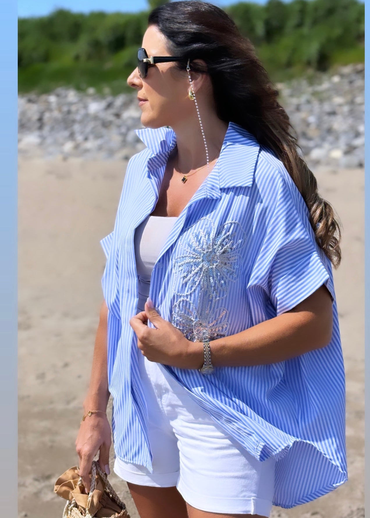 Sandra Blue Stripe Sequin Flower Shirt