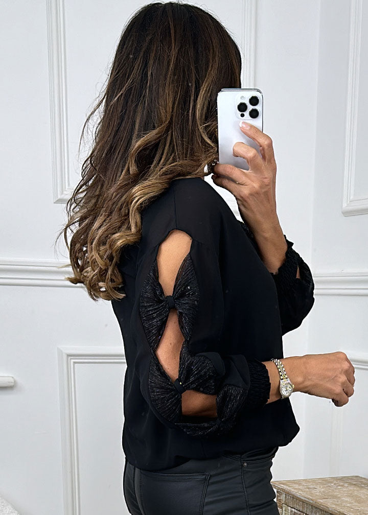 🖤Pre Order🖤 Allegra Black Sequin Bow Blouse