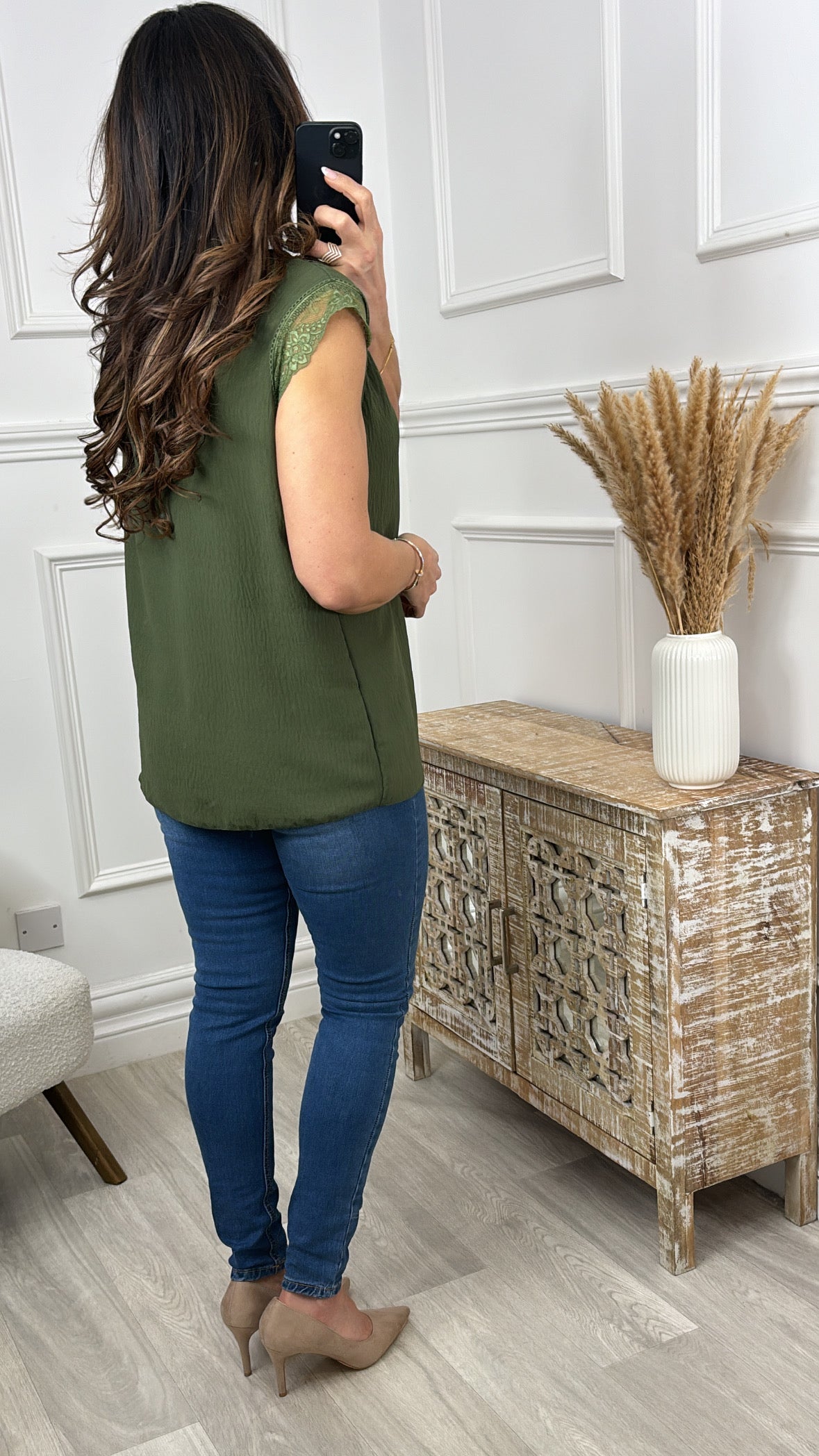 Davina Khaki Lace Trim Top