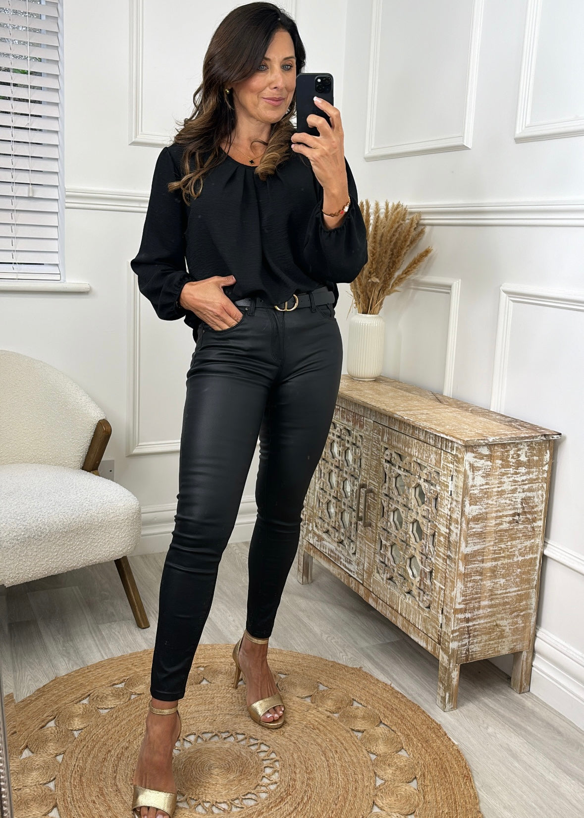 Pearl Black Ruched Neckline Top