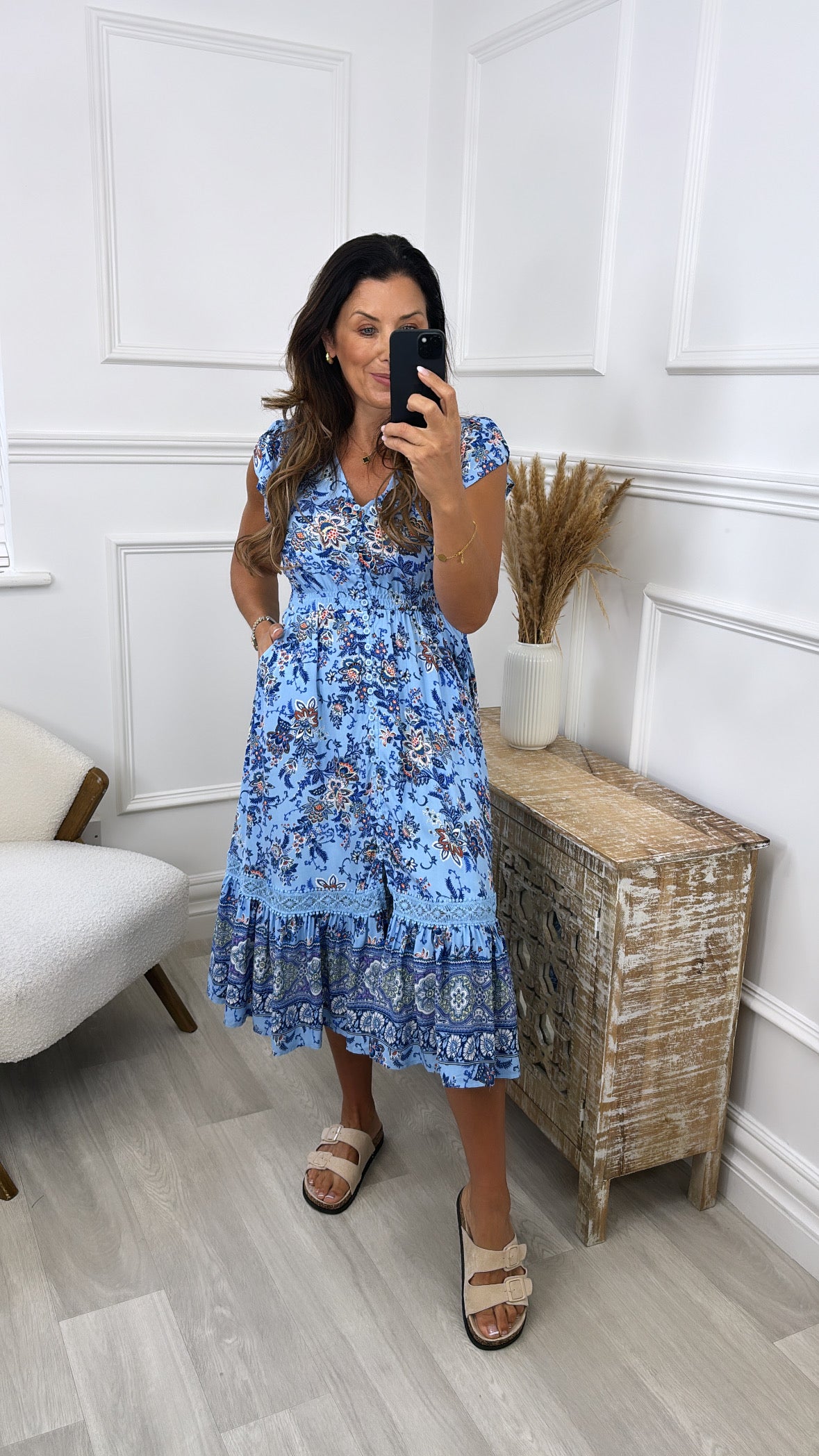 Stefany Blue Floral Print Midi Dress