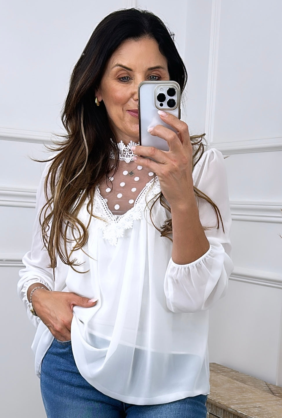 Paige White/Cream Polka Dot Neck Blouse