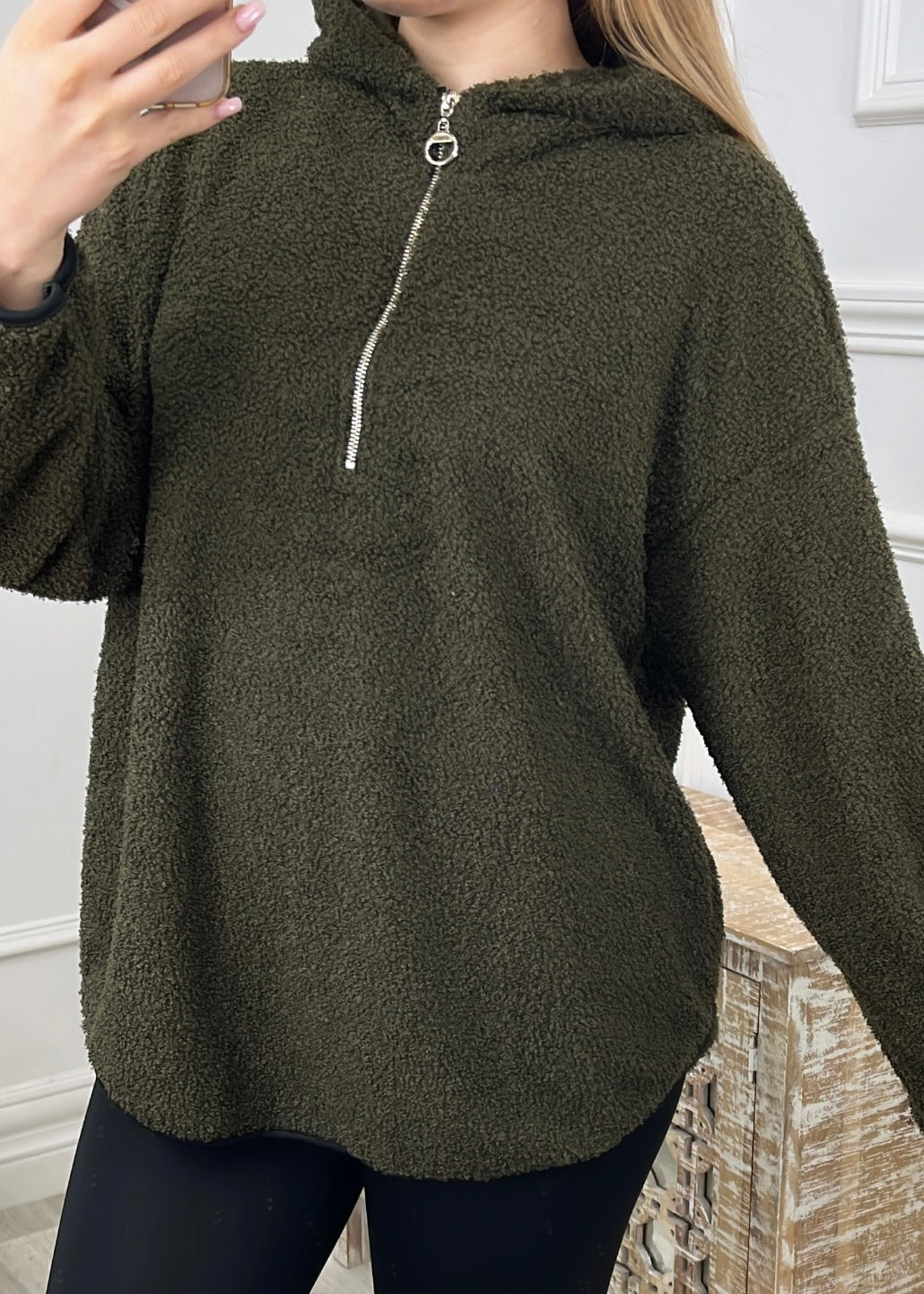 Ruth Khaki Teddy Half Zip Pullover