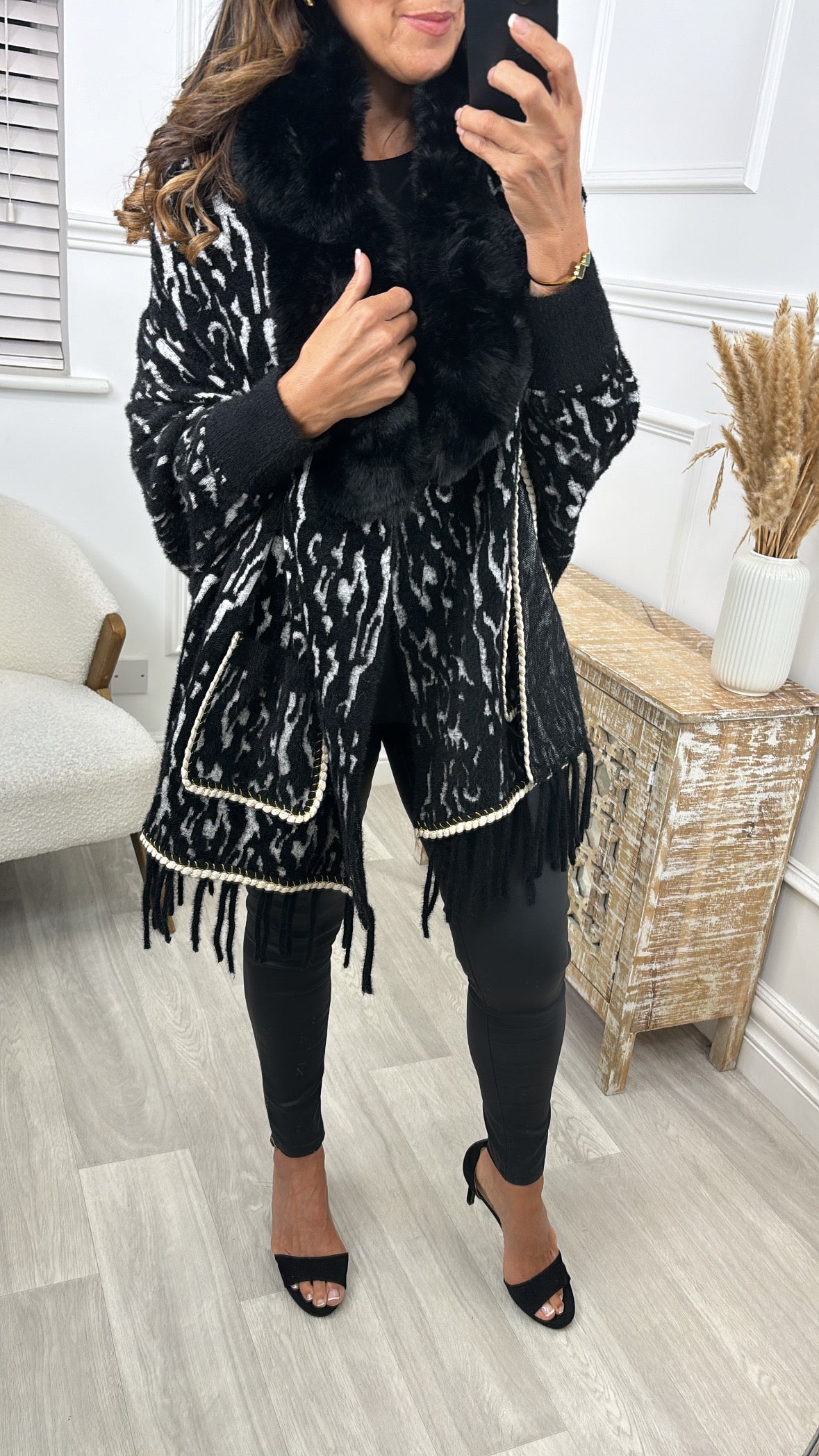 Cassandra Black Faux Fur Trim Poncho