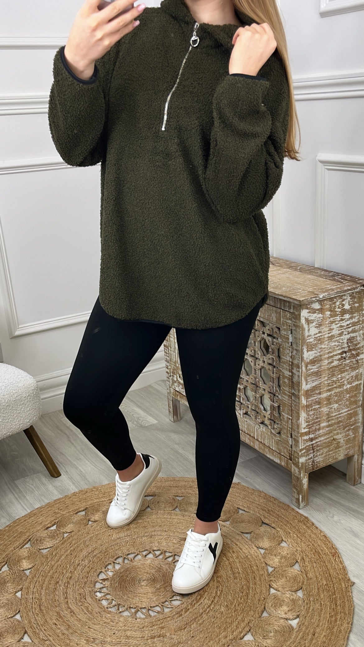 Ruth Khaki Teddy Half Zip Pullover