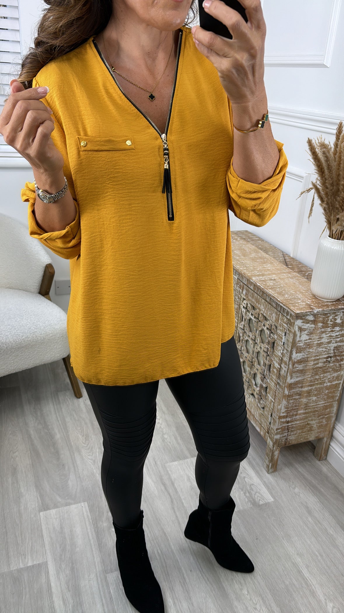 Jocasta Mustard Zip Detail Top