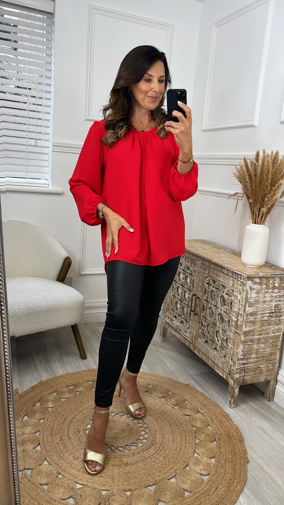 Pearl Red Ruched Neckline Top