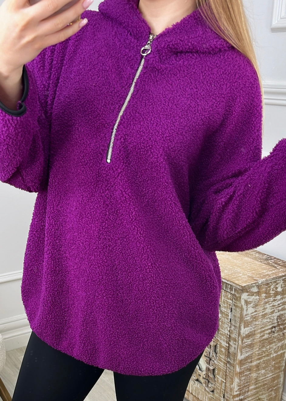 Ruth Magenta Teddy Half Zip Pullover