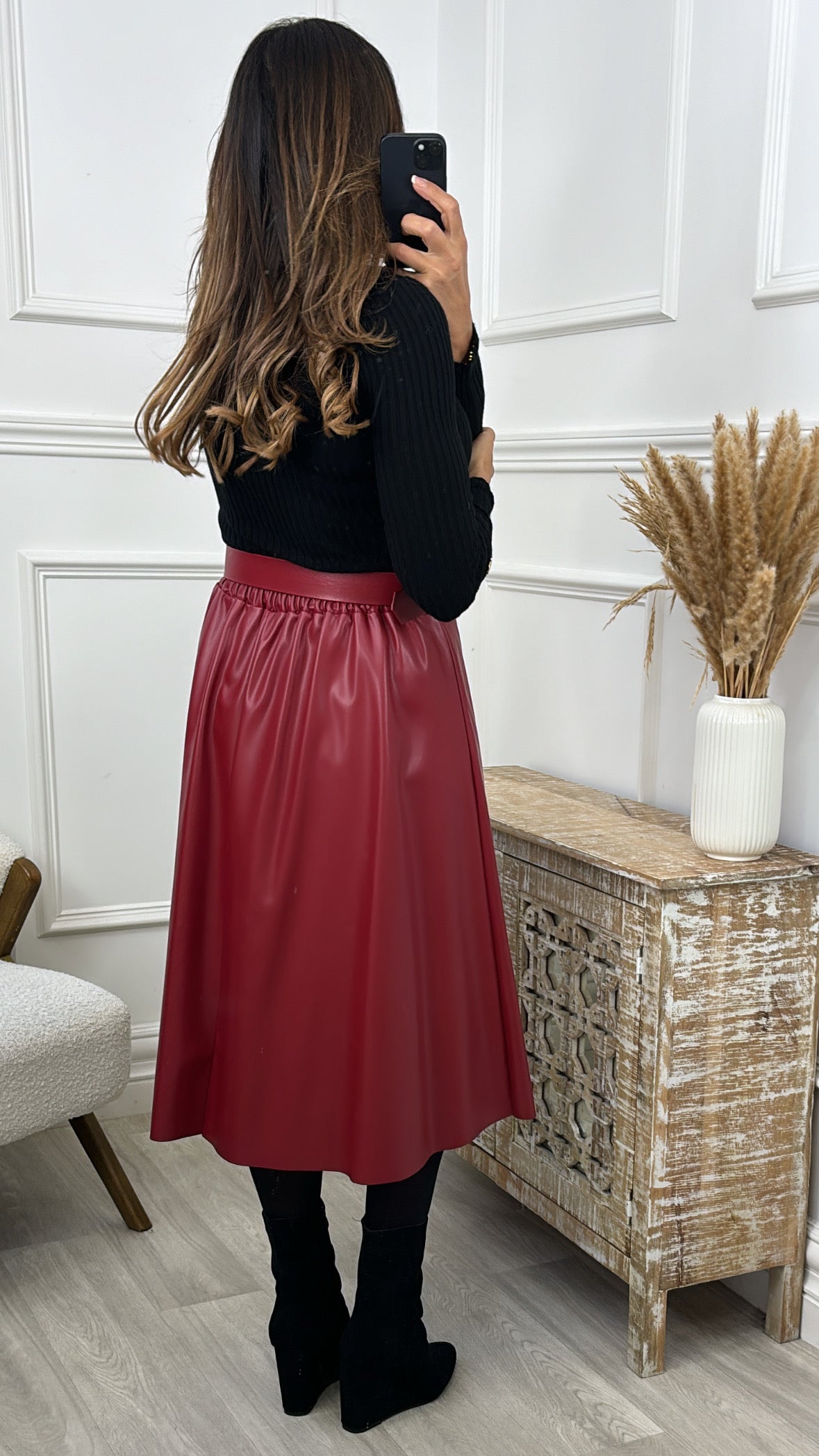 Chris Wine Faux Leather Midi Skirt