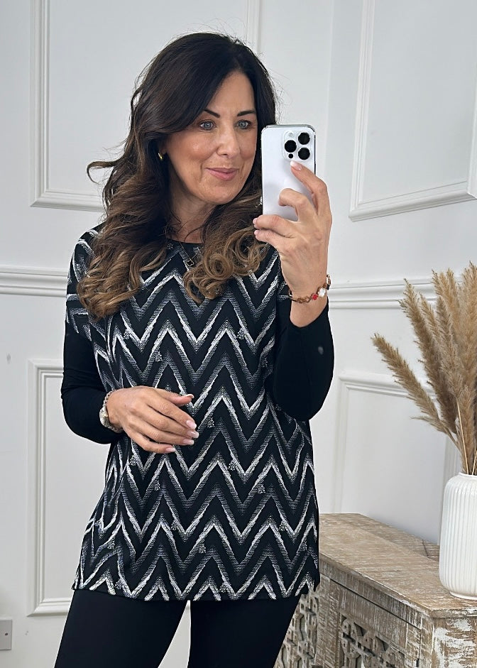 Leah Black Chevron Print Top