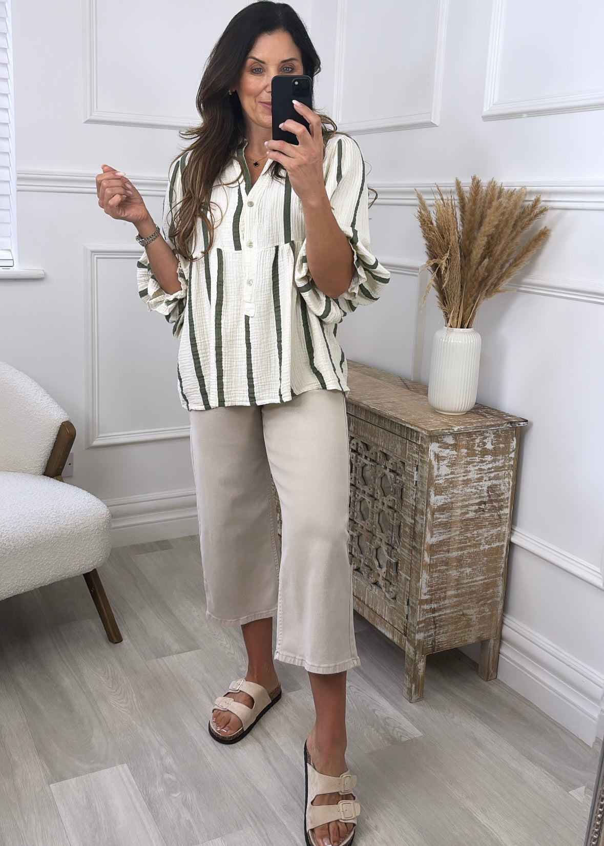 Helena Cream Khaki Stripe Blouse