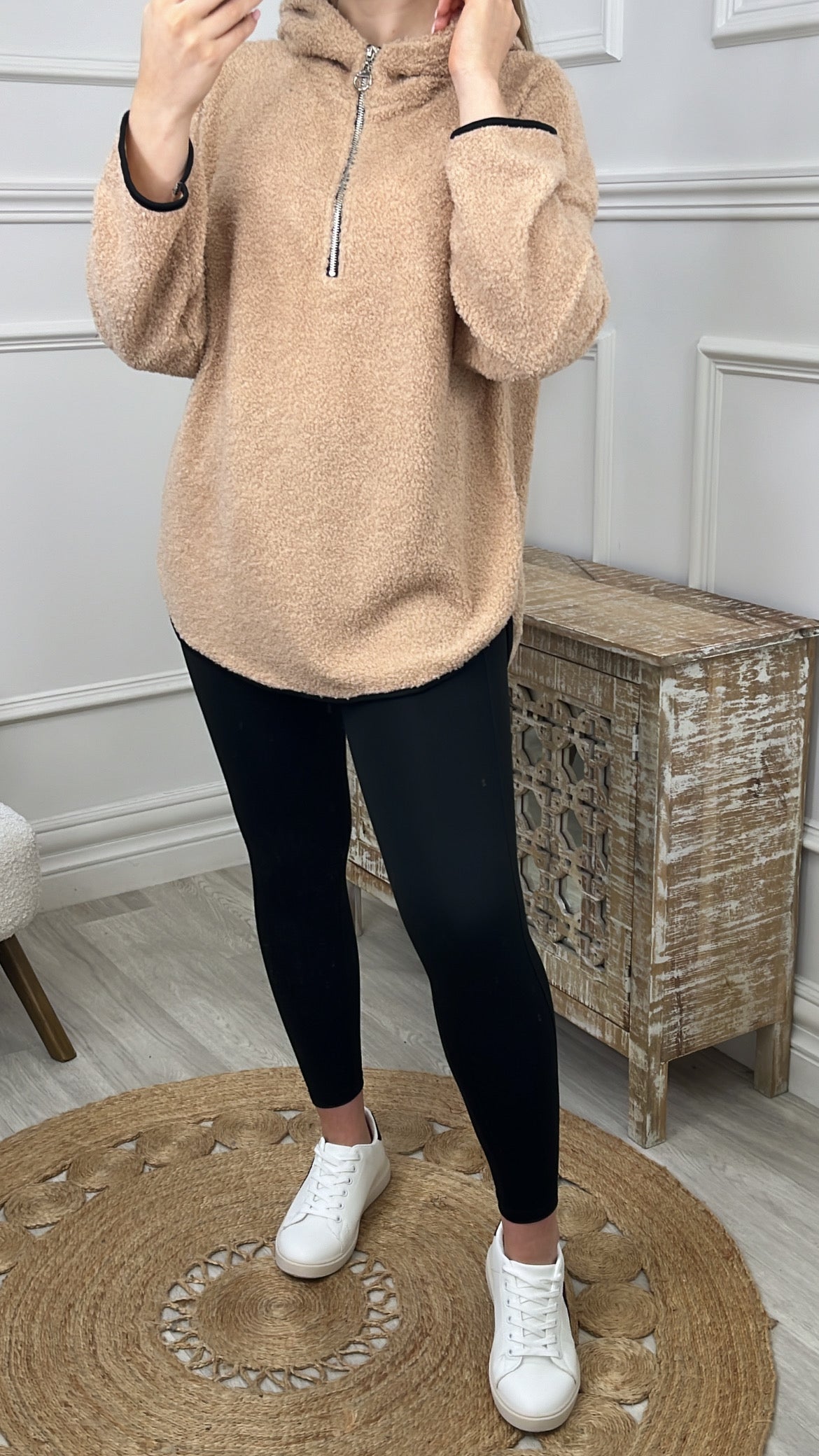 Ruth Beige Teddy Half Zip Pullover