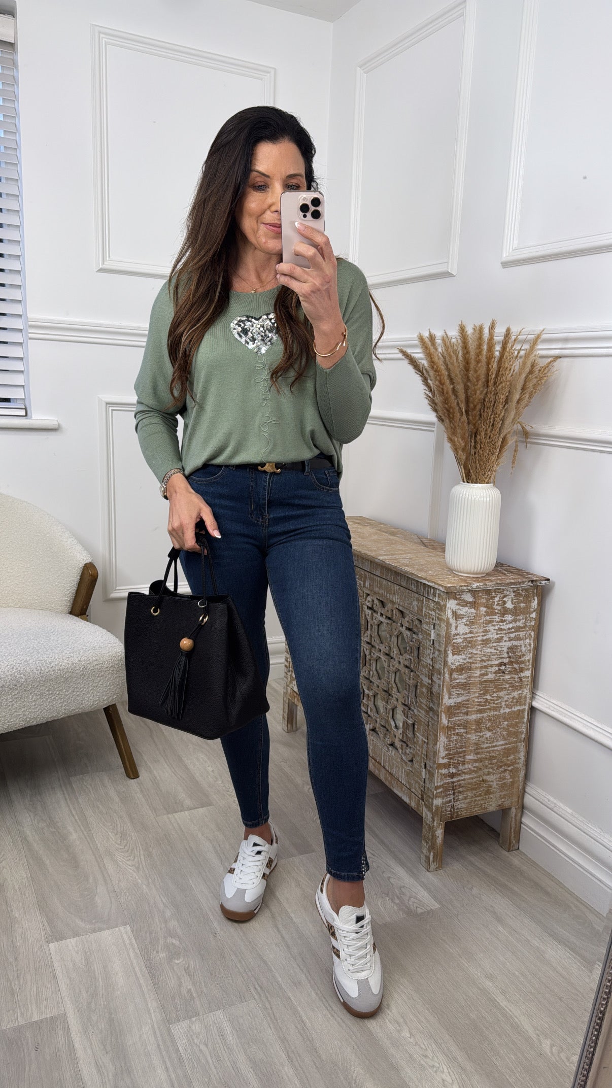 Verity Khaki Sequin Heart Top