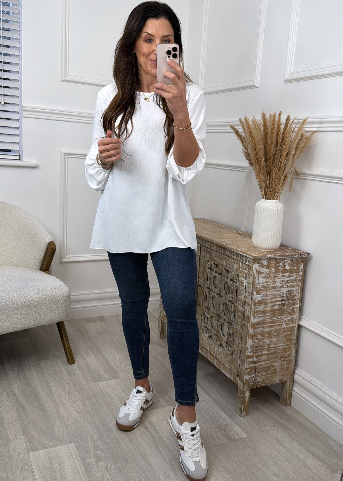 Evangeline White Ruched Sleeve Top