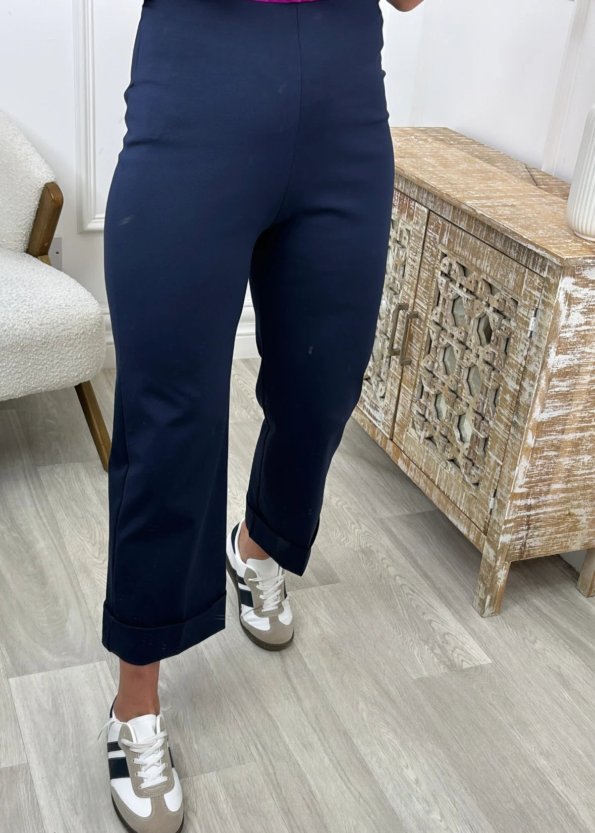 Romilly Navy Turn Up Cropped Trousers