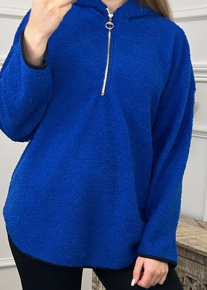 Ruth Royal Blue Teddy Half Zip Pullover