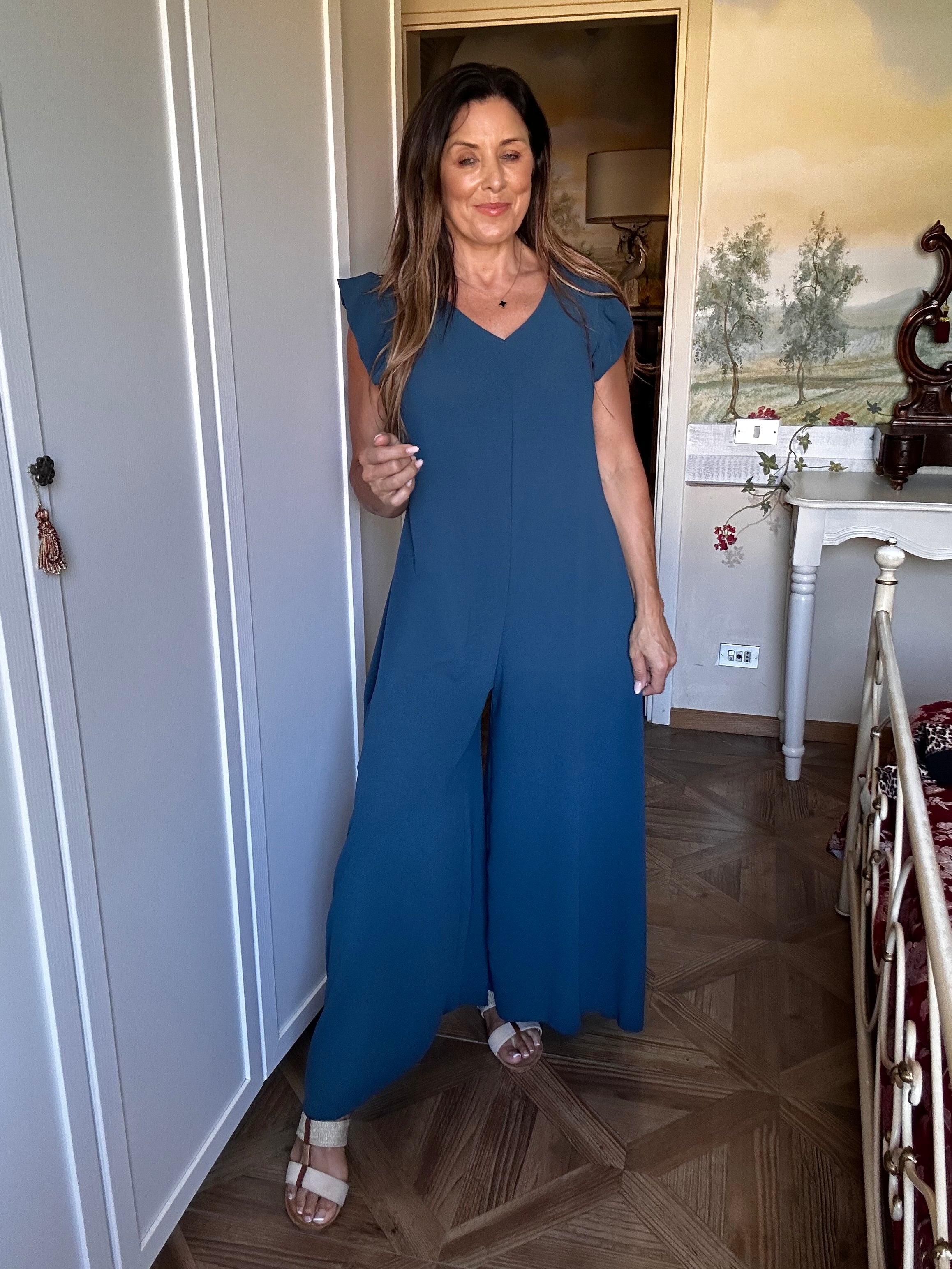 Justine Teal Frill Sleeve Jumpsuit