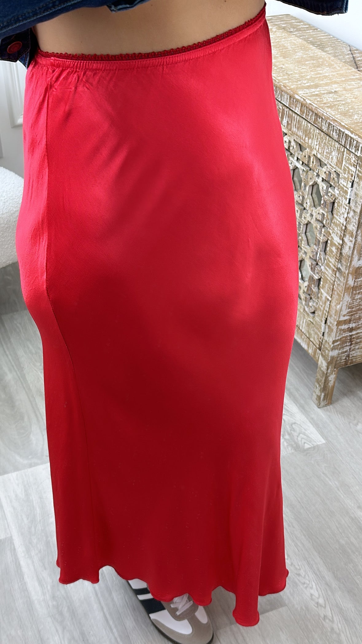 Parker Red Satin Midi Skirt