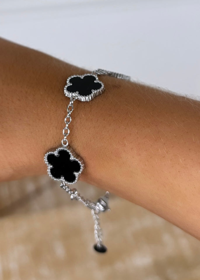 Meadow Black Flower Silver Bracelet