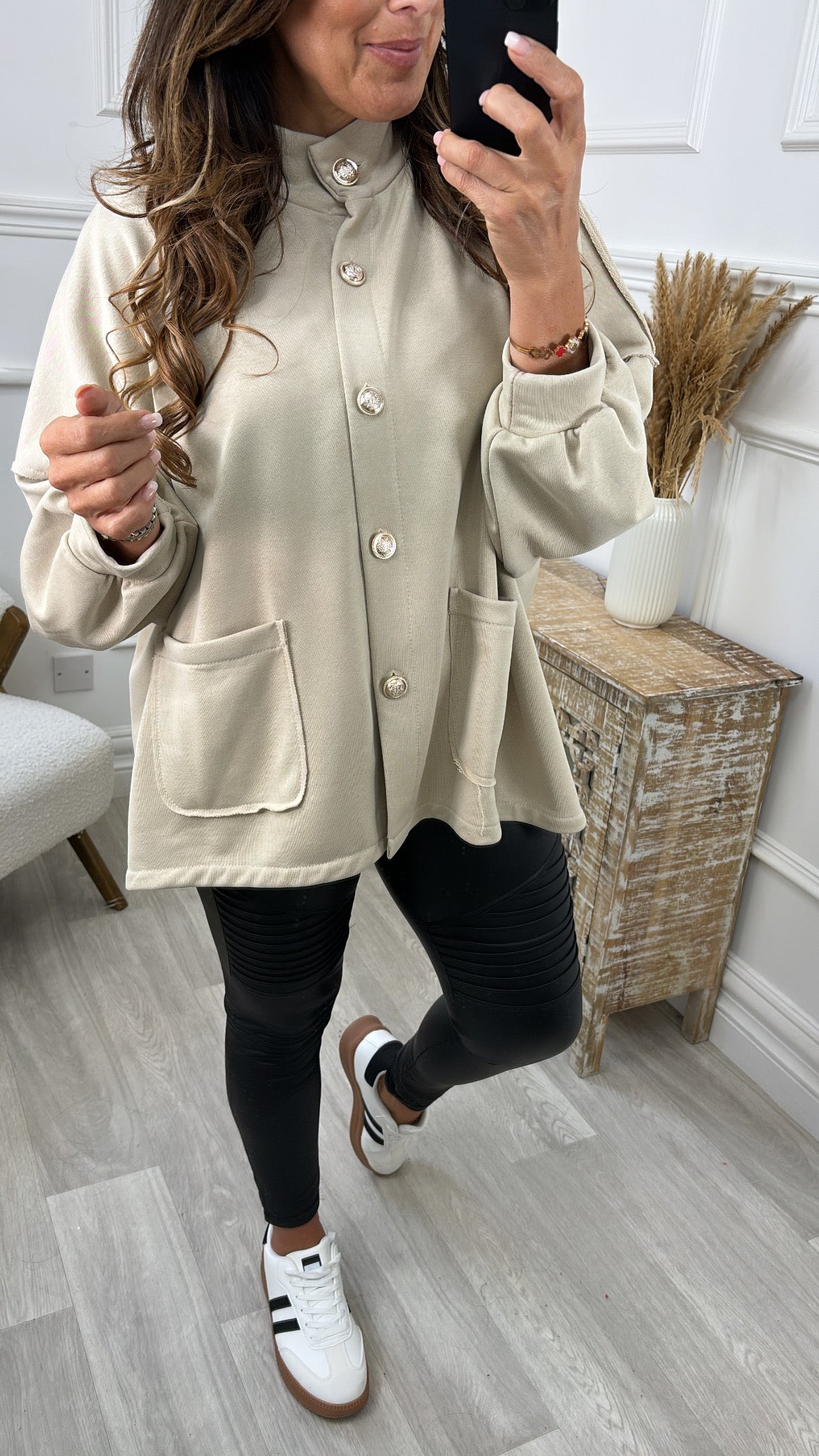 Mariana Taupe Gold Button Cardigan