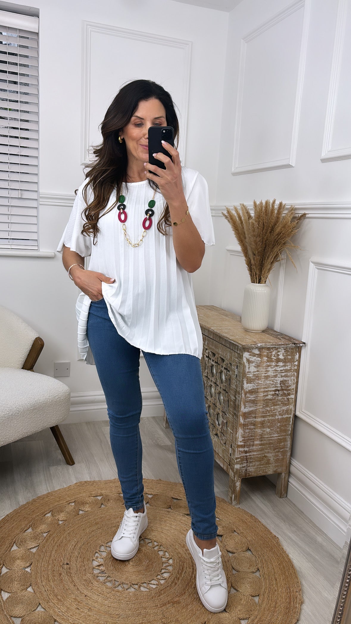 Damira White Pleated Blouse With Necklace