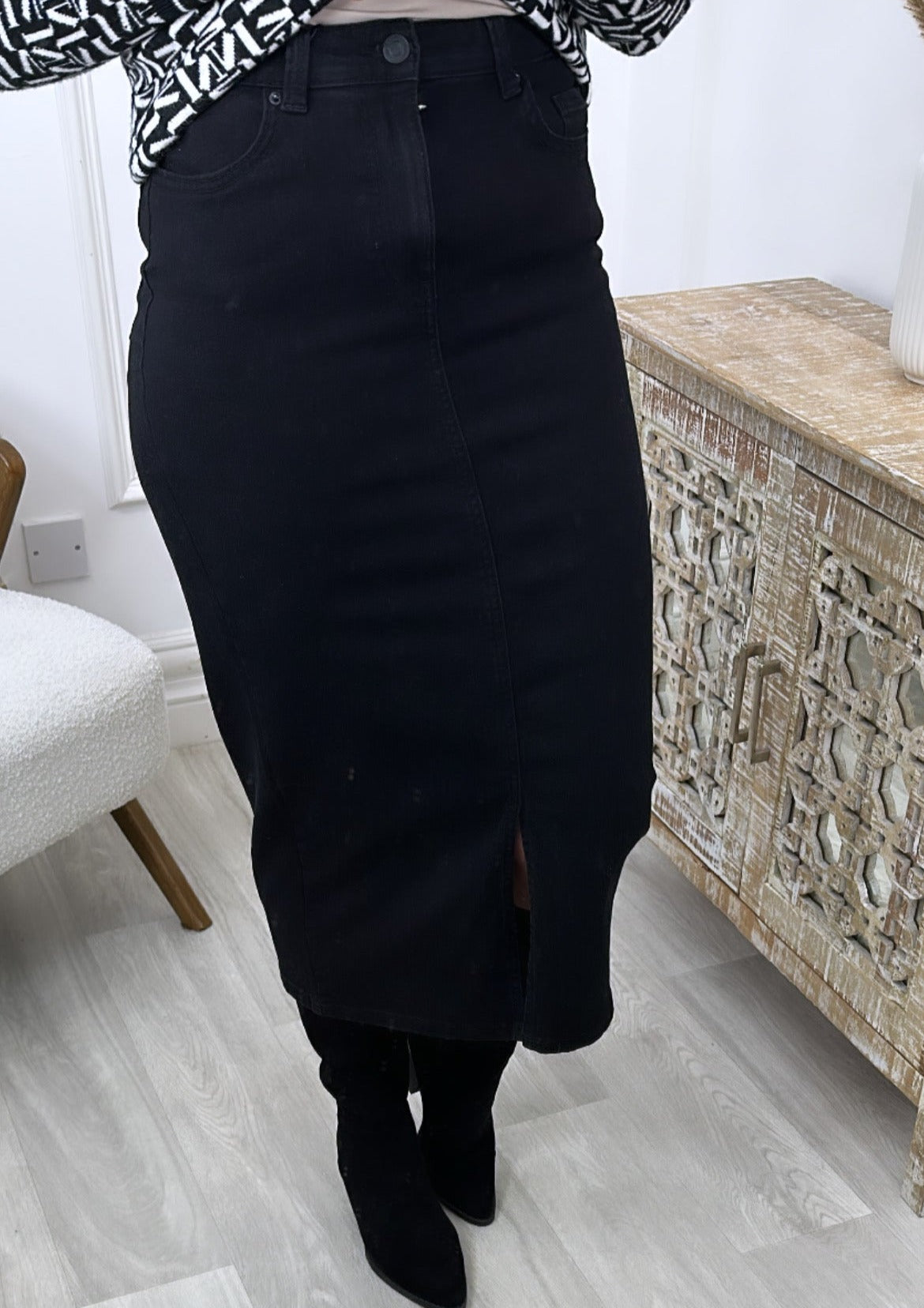 Lina Black Denim Midi Skirt