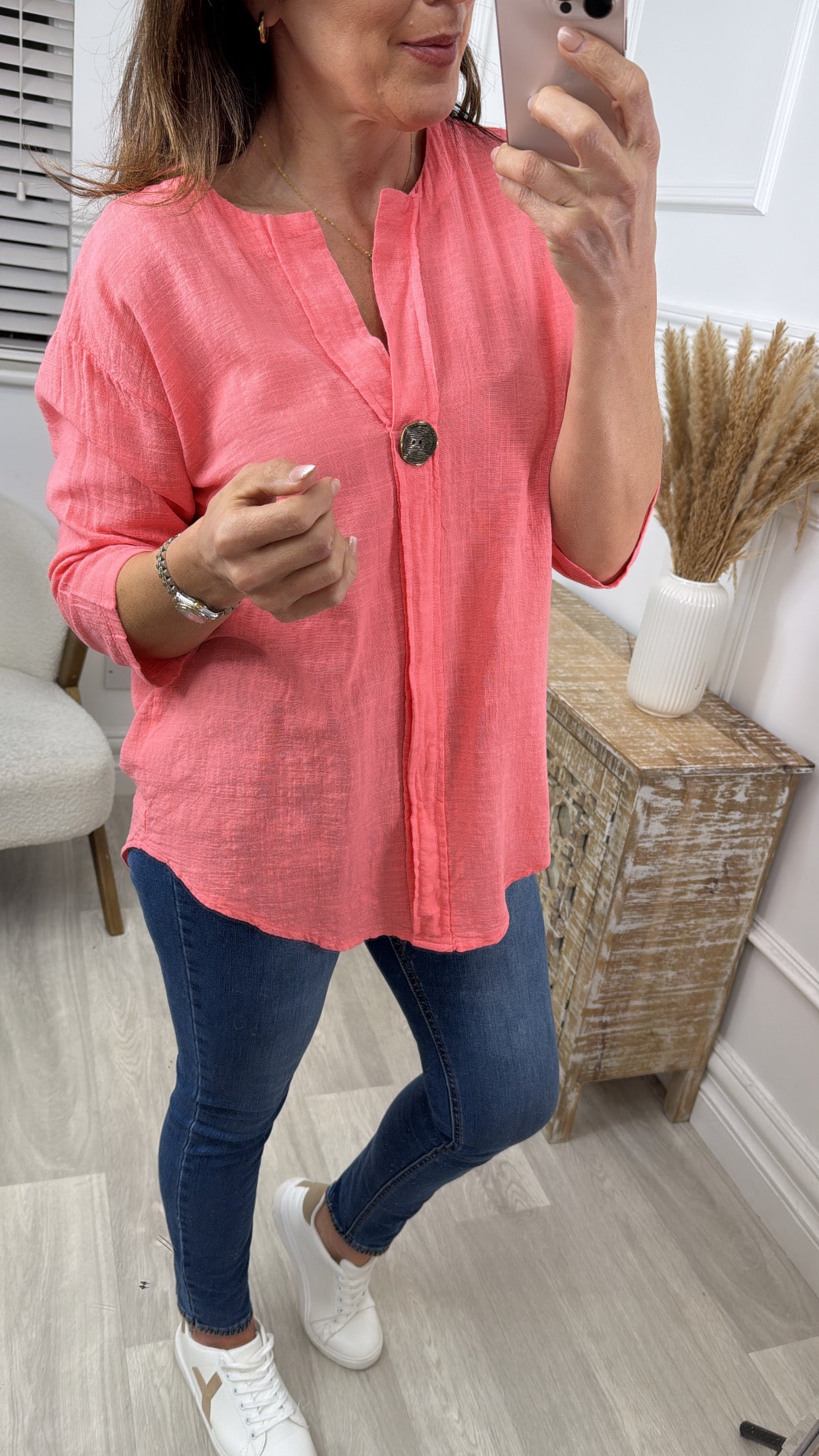 Kathleen Coral Button Detail Top