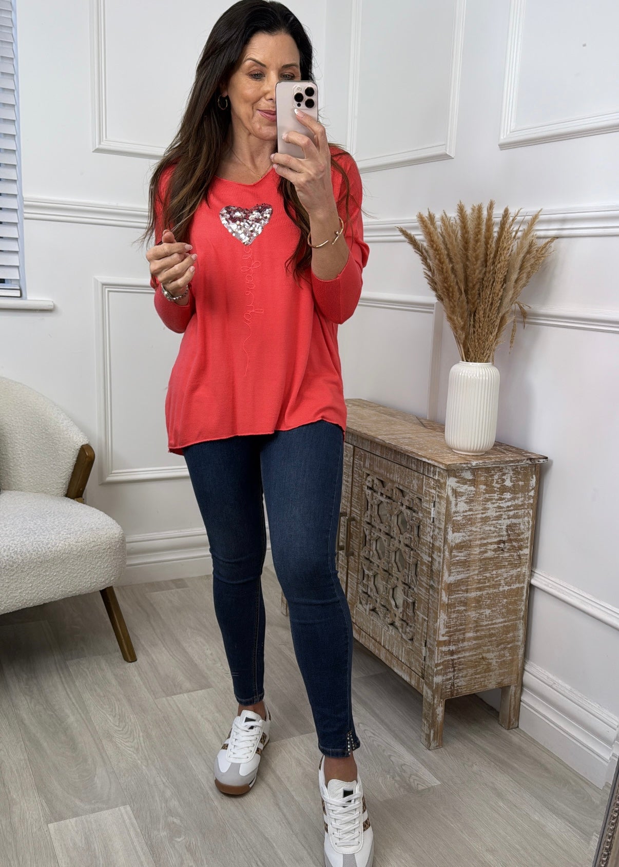 Verity Coral Sequin Heart Top