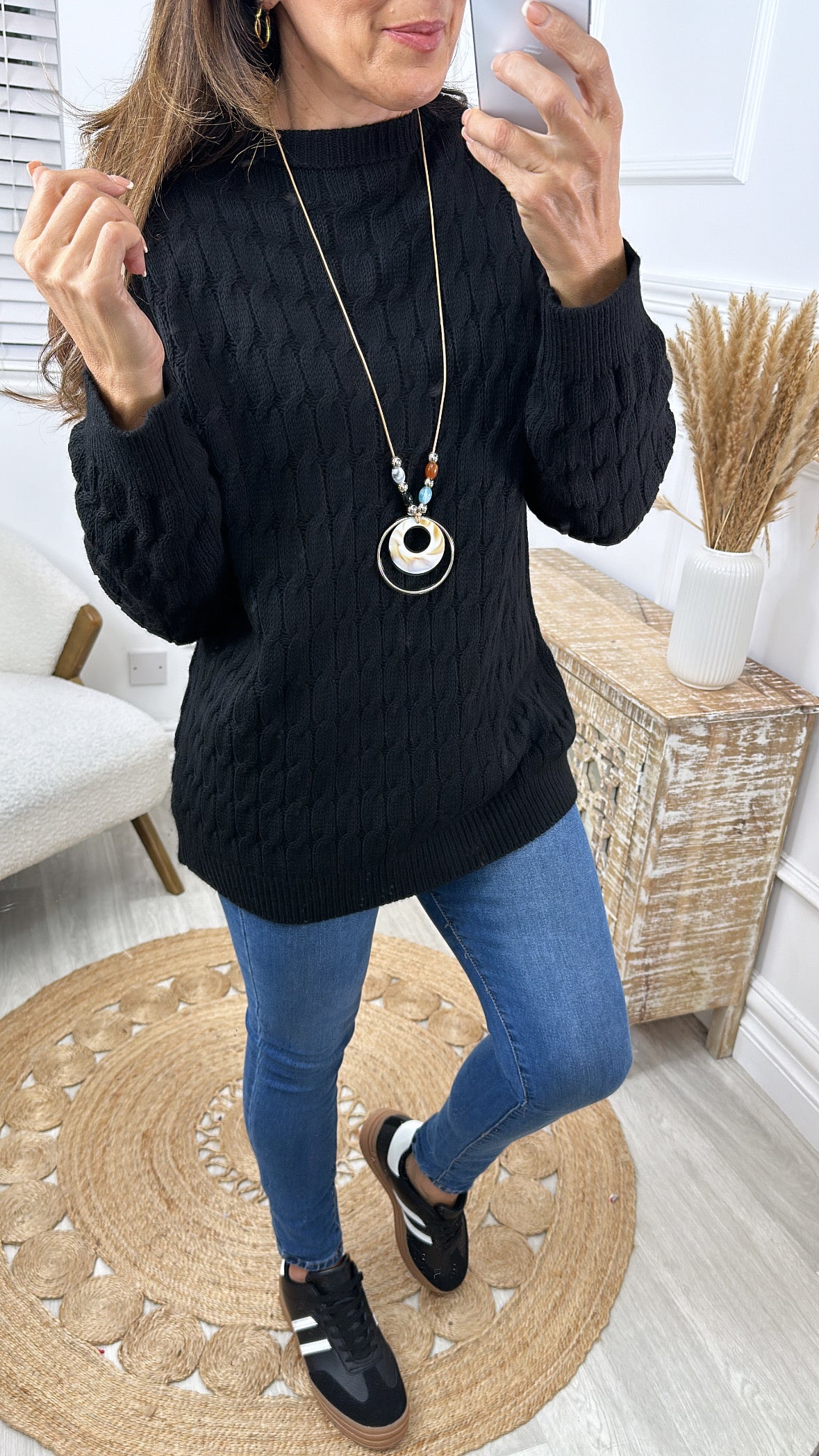 Lisbeth Black Cable Knit Necklace Jumper