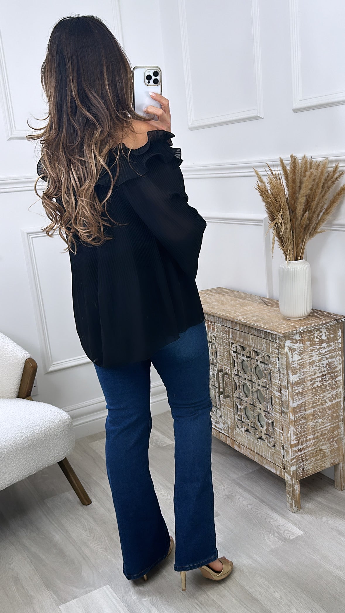 Indy Black Ruffle Neck Blouse