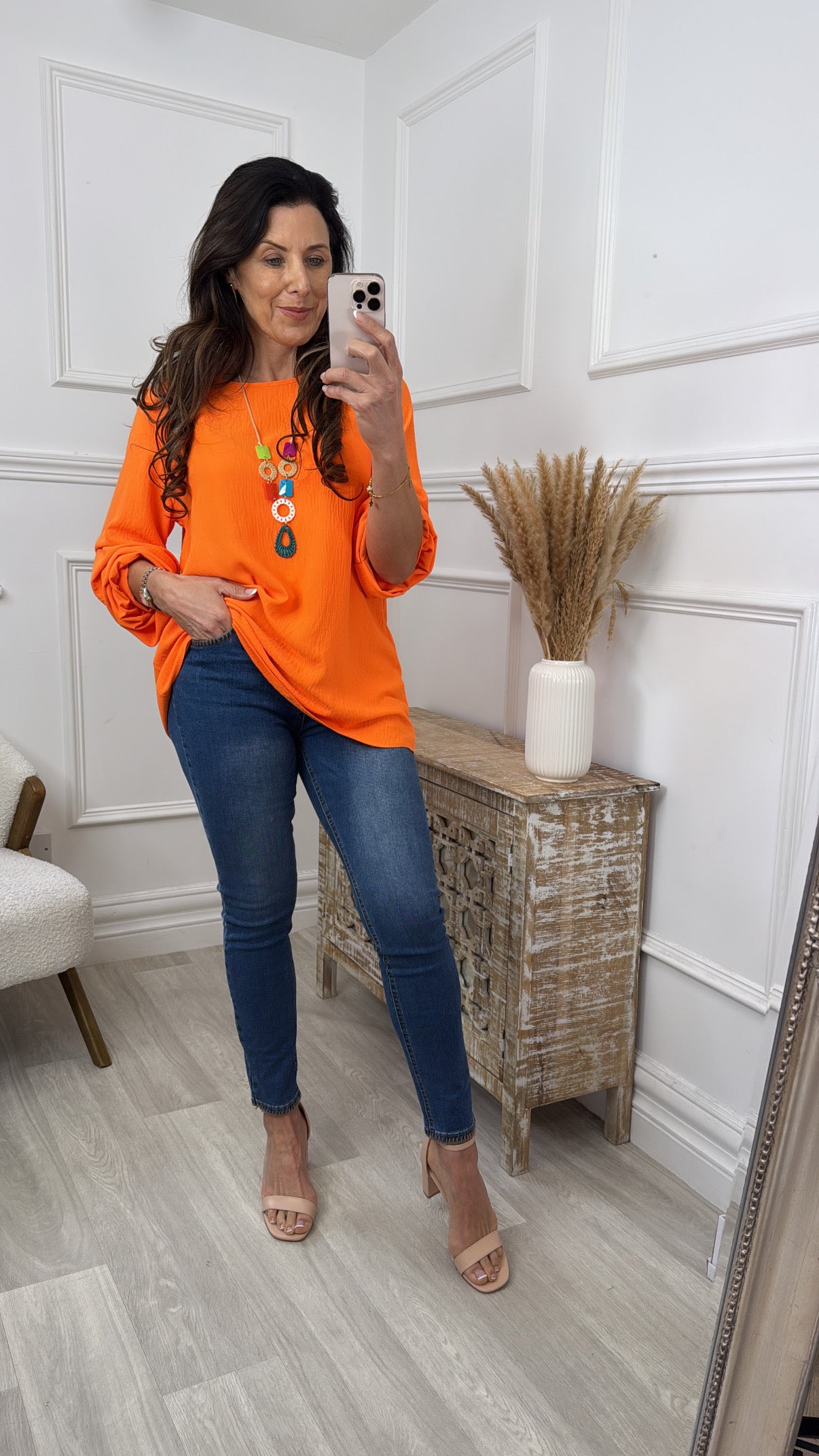 Simone Orange Ruched Sleeve Top