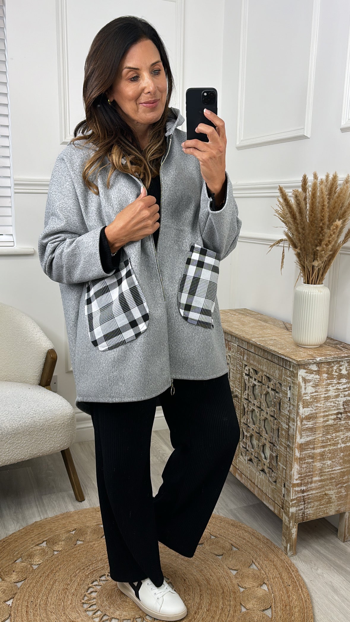 Leslie Grey Check Pocket Duster Coat