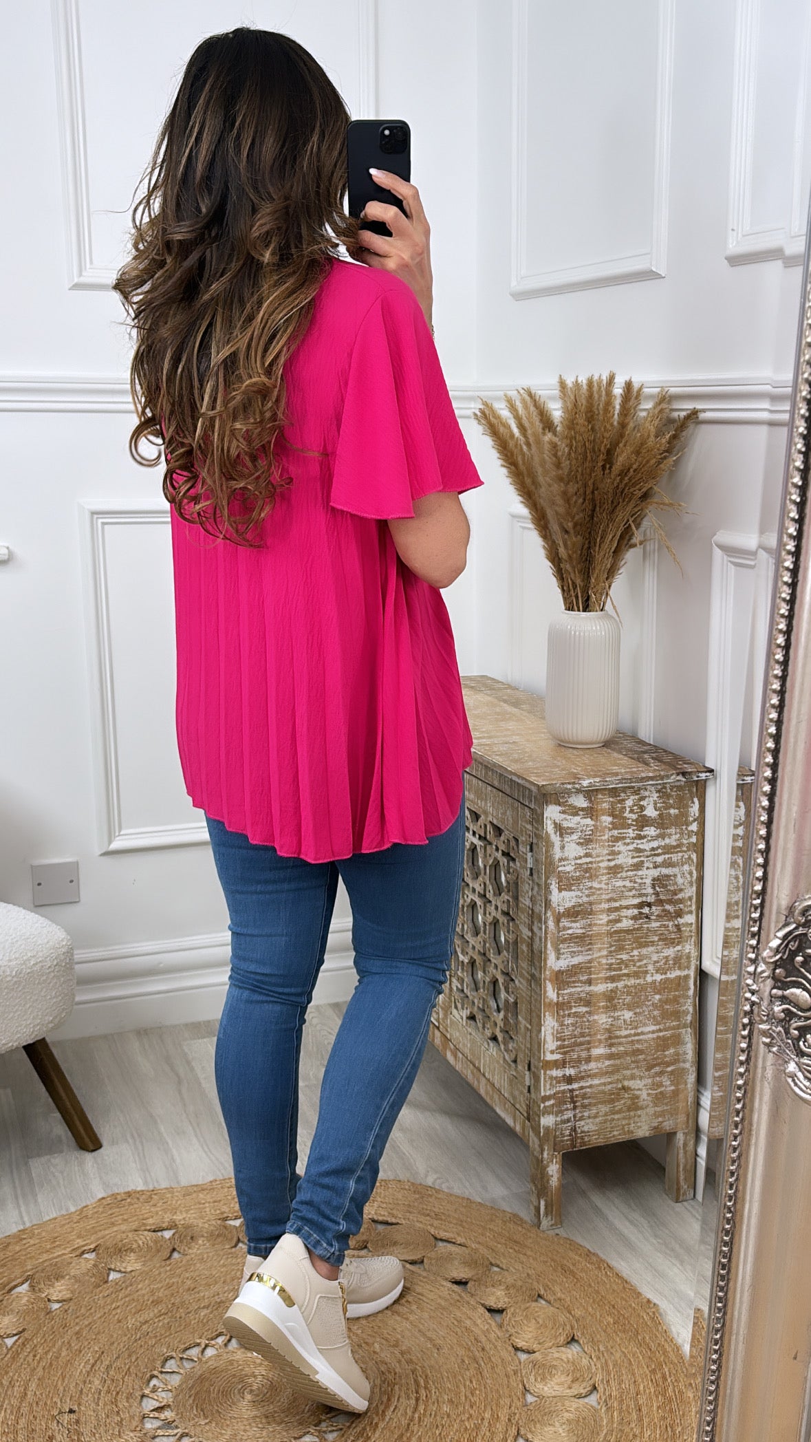 Damira Fuchsia Pleated Blouse With Necklace