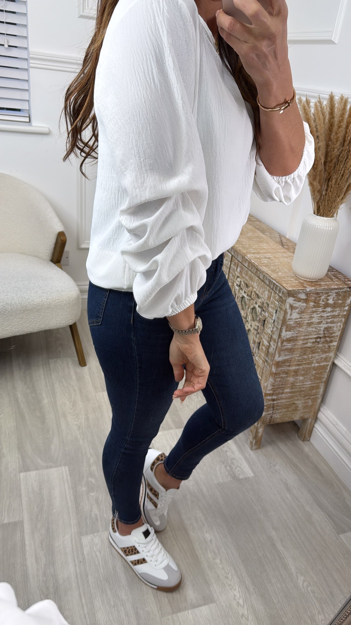 Evangeline White Ruched Sleeve Top