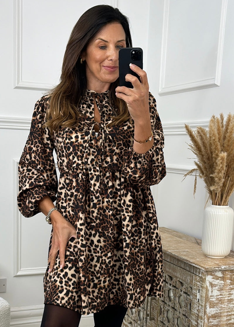 Patrice Leopard Smock Tie Neckline Dress