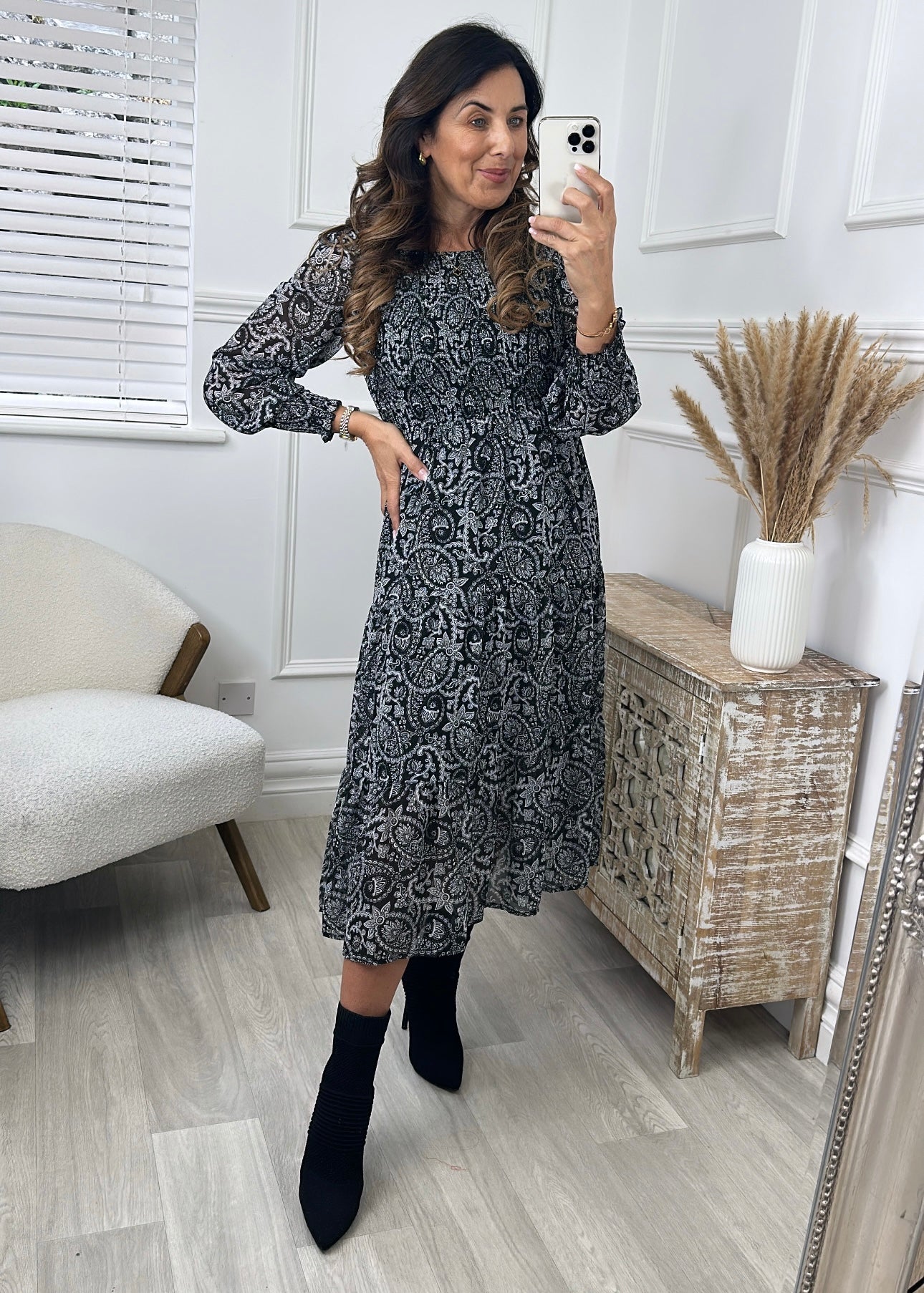 Maple Black Paisley Print Midi Dress