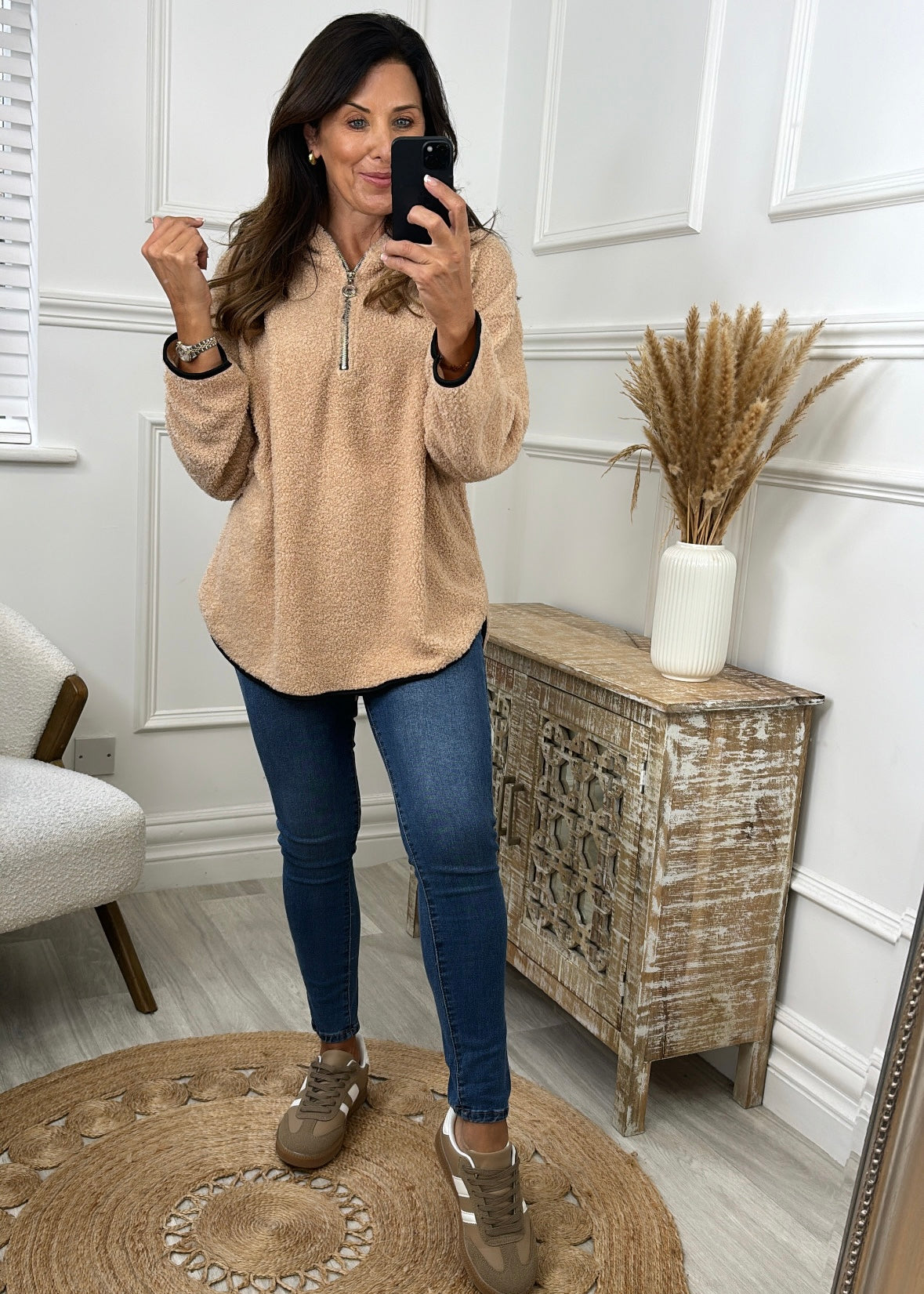 Ruth Beige Teddy Half Zip Pullover