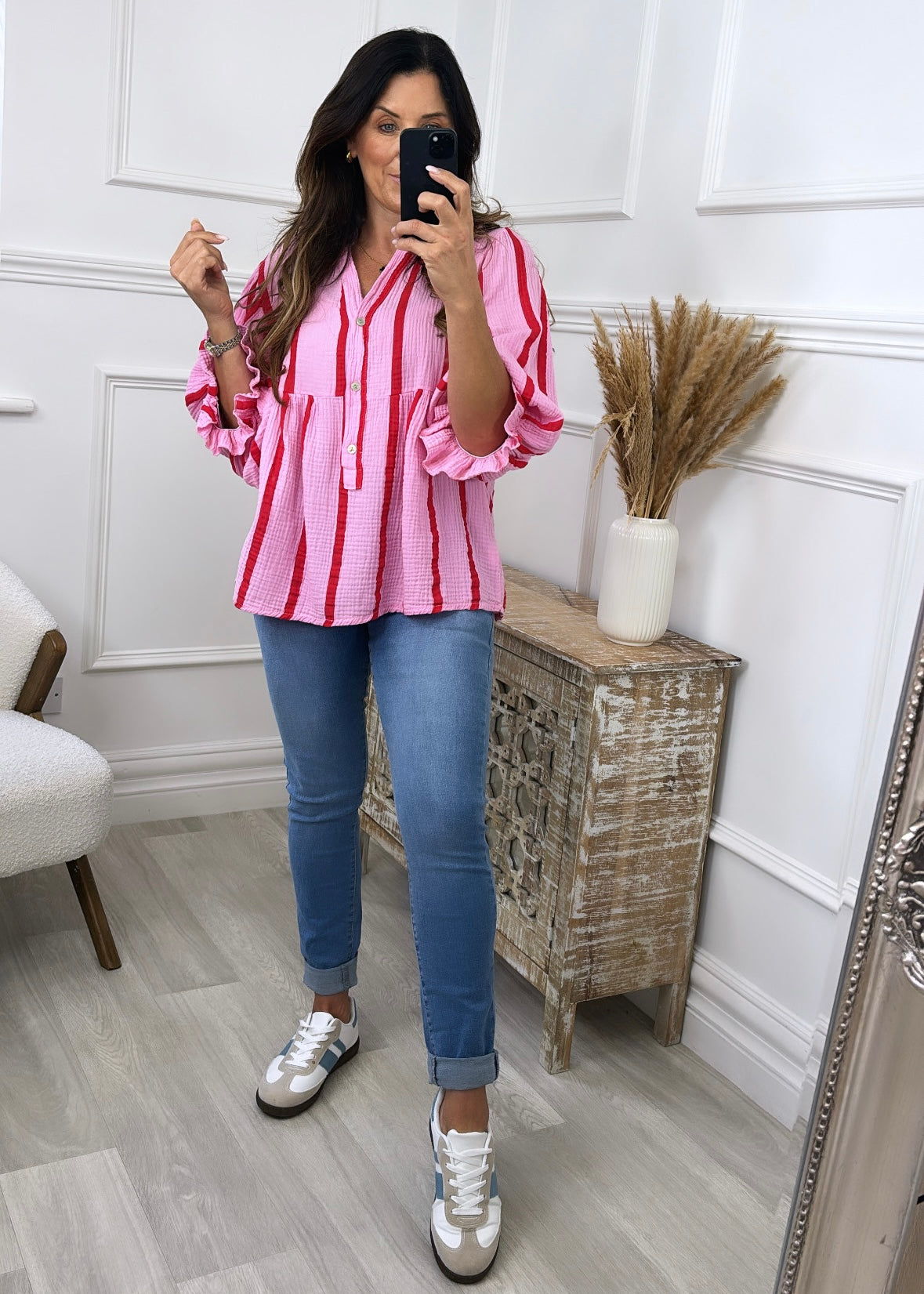 Helena Pink Red Stripe Blouse