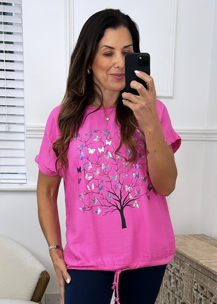 Nigella Fuchsia Butterfly Tree Print T-Shirt