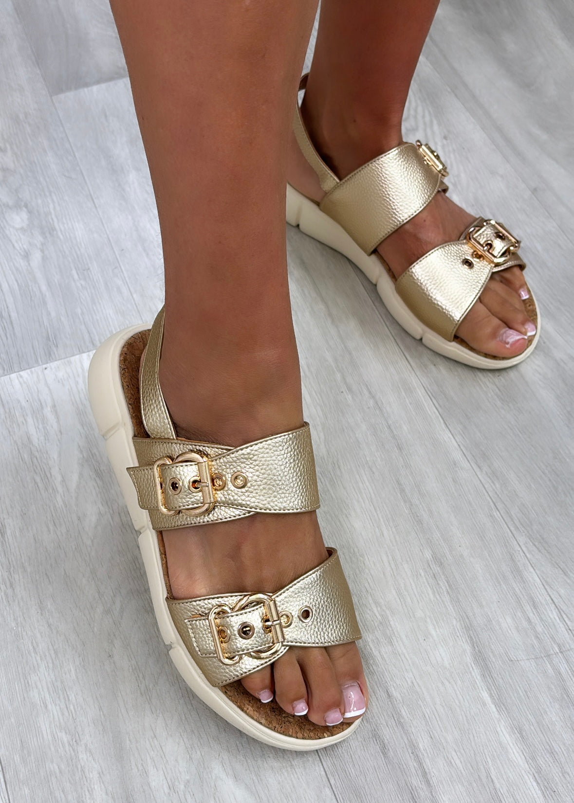 Doreen Gold Low Wedge Sandals